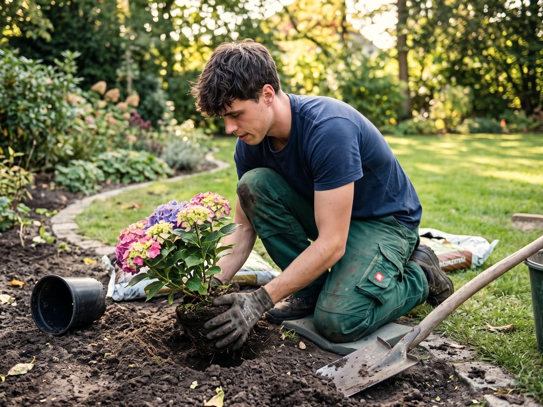 Gärtner pflanzt eine Hortensie in ein neu angelegtes Beet