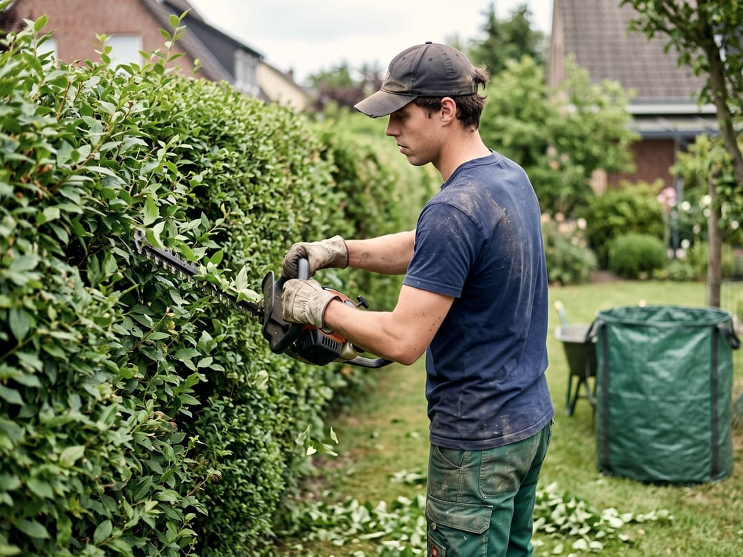 Gärtner schneidet eine Hecke mit der Heckenschere, daneben ein Sack für den Grünschnitt