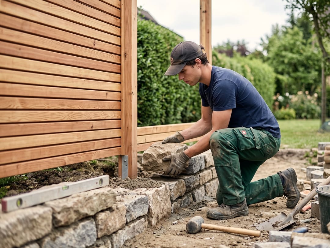 Gärtner setzt eine Natursteinmauer vor einem neuen Holz-Sichtschutz